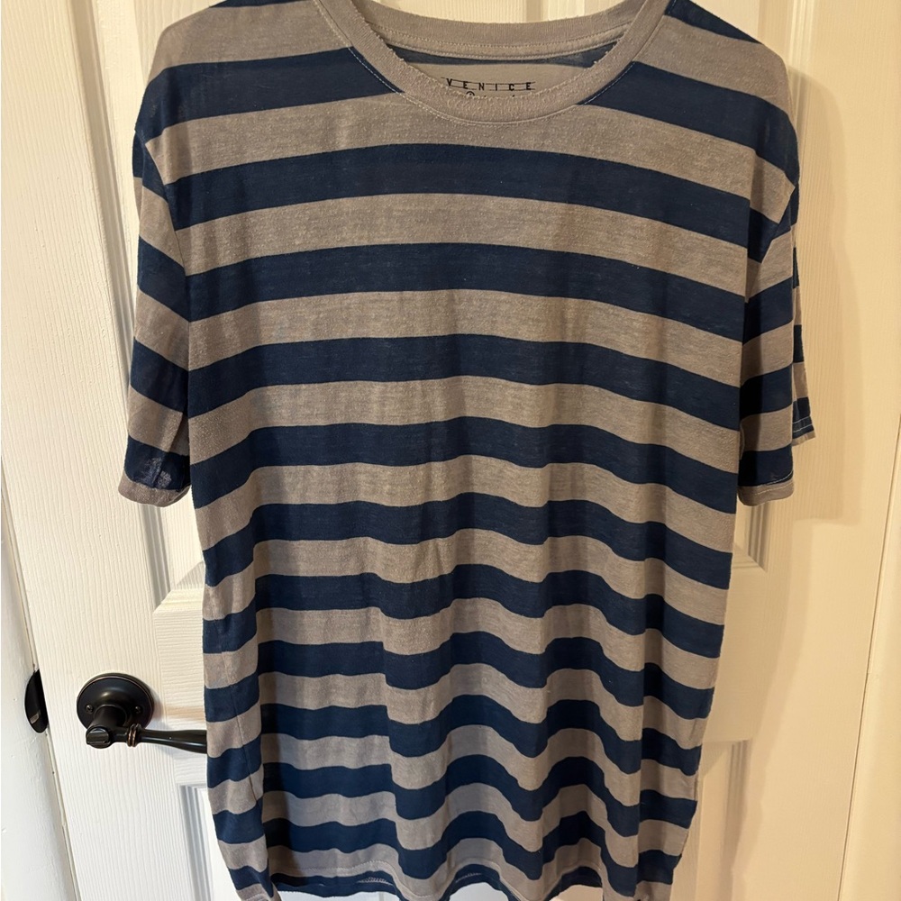 Mens Lucky Brand Venice Burnout Tee Navy and Gray Striped Large Tee Shirt